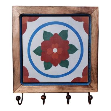 Imagem de Cabideiro Em Madeira Com Ladrilho Hidráulico Porta Chaves Roupas Bolsas Ladrilho F1