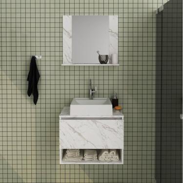 Imagem de Conjunto De Banheiro Com Gabinete Porta Basculante 60cm E Espelheira 1 Prateleira Mármore/branco