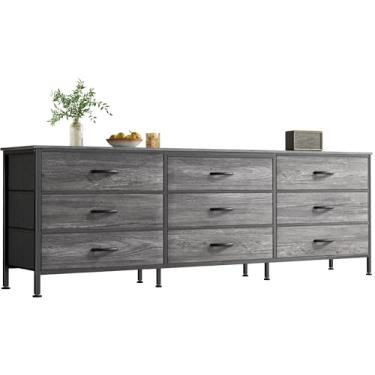 Imagem de Huuger Cômoda de 163 cm para quarto, cômoda longa para armário com 9 gavetas, suporte de TV grande para TV de 55, 65, 70 polegadas, centro de entretenimento com armazenamento, cômoda larga, cinza