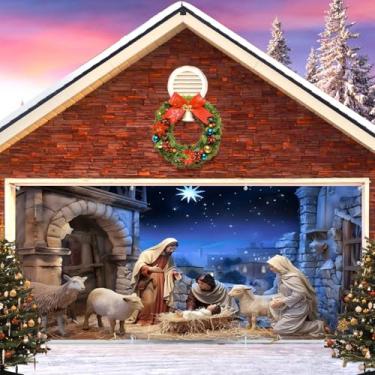 Imagem de Decoração de porta de garagem de Natal presépio pano de fundo, faixa de cobertura de porta de garagem nascimento de Jesus Natal cena de noite sagrada grande pendurado 2 x 4,9 m 2 capa de porta de