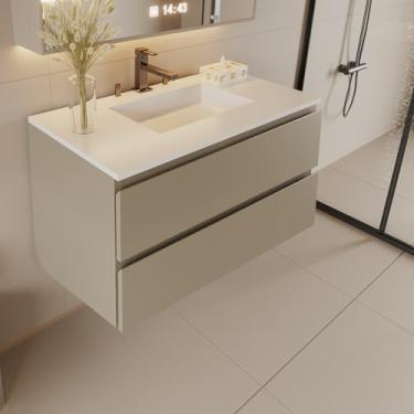 Imagem de Vaidade de banheiro montada na parede – Vaidade flutuante moderna com gavetas de fechamento suave, portas laminadas, construção de madeira compensada (argila roma, 61 cm de largura)