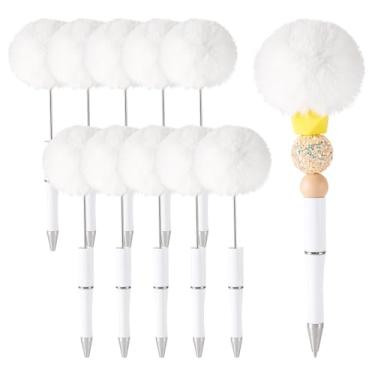Imagem de Spritewelry Caneta esferográfica de pelúcia fofa pompom fofa, 10 peças de canetas de plástico faça você mesmo, canetas esferográficas de tinta preta, suprimentos para escritório, escola, branco