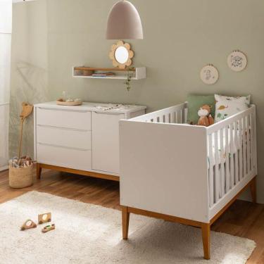 Imagem de Kit Quarto Theo com Pés Square Mel - Berço + Cômoda 3 Gavetas e 1 Port