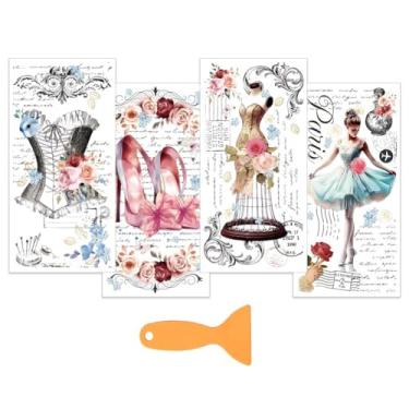 Imagem de OLYCRAFT Conjunto de 4 peças de salto alto moderno para transferência de móveis e artesanato 15 x 30 cm adesivos de transferência de saia barroca com 1 raspador para móveis de madeira decoração de