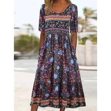Imagem de Vestido Longo Boho Verão 2025 - Feminino, Soltinho e com Estampa, BR-P
