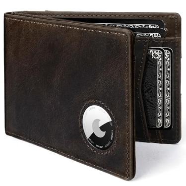 Imagem de Carteira masculina com suporte AirTag, carteira AirTag de couro de flor integral dobrável com janela de identificação RFID para presentes, para homens, pai, marido, até 12 cartões, Verde oliva escuro
