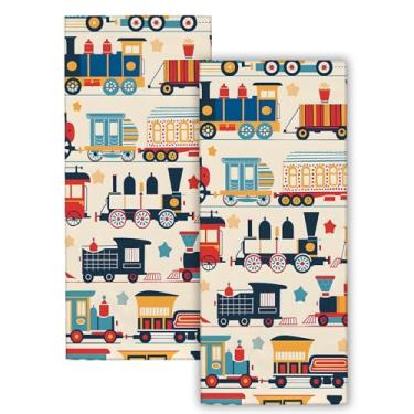 Imagem de VODRM Toalhas de mão coloridas de trem 2 peças, conjunto de toalhas de banho de poliéster com padrão de locomotiva vintage, design retro ferroviário para crianças, banheiro, spa, academia, cozinha