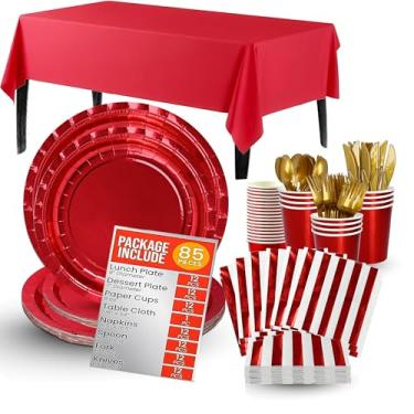 Imagem de Jubi Pratos e guardanapos vermelhos brilhantes para 12 pessoas, conjunto de louça descartável vermelho - inclui pratos de papel vermelho, copos, garfo, colher, guardanapos, facas e toalha de mesa - 85