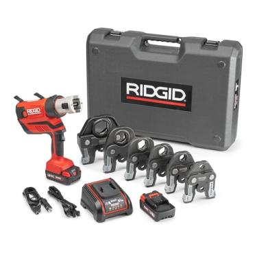Imagem de RIDGID 67053 RP 350 ProPress Kit de ferramentas de prensagem de 8 peças com bateria de 18 volts, carregador, 4 garras de ferramenta de prensa ProPress (1/5.1 cm a 5.1 cm) e estojo