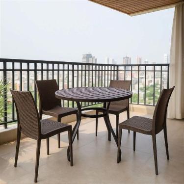 Imagem de Mesa de Alumínio 90cm Tampo Ripado 4 Cadeiras Rattan Polipropileno Par