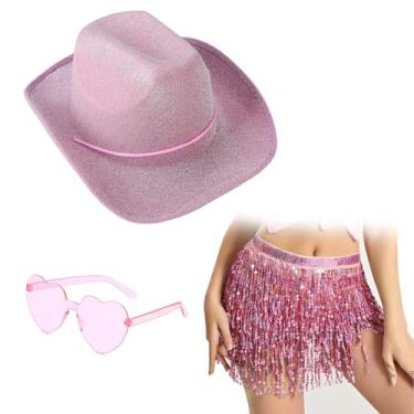 Imagem de Chapéu de vaqueira rosa para mulheres, chapéu de cowboy com saia de lantejoulas, roupa de vaqueira com óculos para festas de despedida de solteira, cosplay, rosa