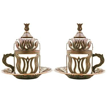 Imagem de Copo de café marroquino com design de cobre turco grego e marroquino – Conjunto de 2 – copo de café expresso com suporte interno de porcelana e tampa – 2 copos consistentes de 8 peças – a melhor ideia de presente (cobre)