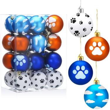 Imagem de Hollowfly 24 peças de enfeites de bola de Natal com patas de cachorro, enfeites fofos para pendurar em árvore de Natal, 6 cm, céu azul e laranja, nuvens, bolas de inverno de plástico para árvores de