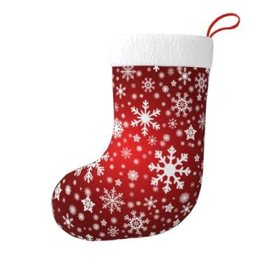 Imagem de Meia de Natal com flocos de neve de inverno tradicionais, meia vermelha de cornija de Natal de 45 cm com punho de pelúcia branca pendurada, presentes de Natal para crianças, decorações vintage para