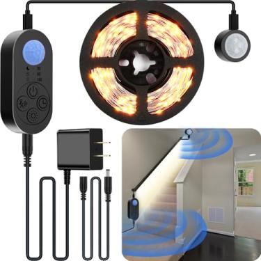 Imagem de NIVOTA Luz interna com sensor de movimento duplo - Faixa de luz de degrau ativada por movimento plug-in com sensores de movimento duplos, regulador de intensidade e temporizador para escada, quarto