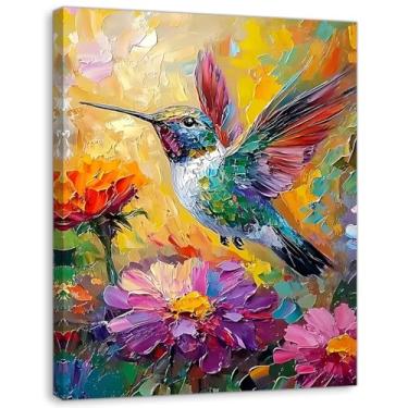Imagem de Arte de parede em tela de beija-flor colorida, pôster de pintura a óleo de flor de primavera, linda imagem de beija-flor para parede, sala de estar, banheiro, quarto, decoração de casa, 40,6 x 61 cm