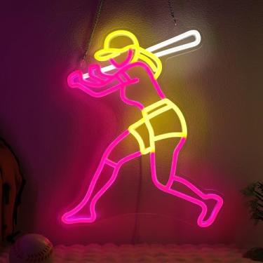 Imagem de OkiyiD Placa neon de softbol para meninas - decoração de parede esportiva regulável com alimentação USB, presentes exclusivos para softball, meninas, mulheres, luzes neon de LED para amigas