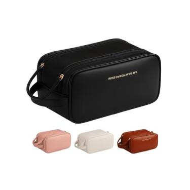 Imagem de Necessaire Bolsa Organizadora de Maquiagem Couro Sintético Grande Capacidade com Duas Camadas, Alça Lateral, Divisórias Internas e Suporte para Pincéis – Ideal para Viagem (Preto)
