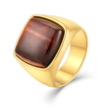 Imagem de Veshon Anel masculino com sinete quadrado olho de tigre de aço inoxidável com pedra natural para homens joia presente para ele, tamanho 7-12, Pedra, Olho de tigre