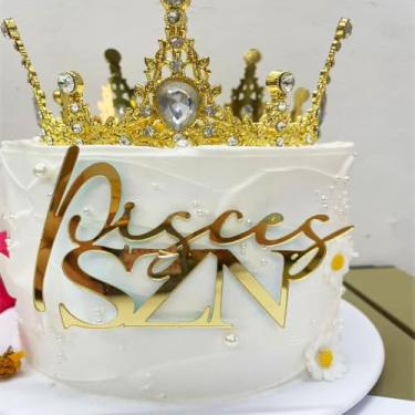 Imagem de Topo de bolo de signo do zodíaco de Peixes de acrílico dourado, estação de Peixes energia/12 tema de constelação do zodíaco, decoração de bolo de aniversário, decorações de fevereiro/março para