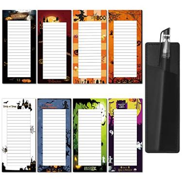 Imagem de 8 peças de blocos de notas magnéticos de Halloween com suporte de caneta magnético para lista de tarefas e lembretes de lembretes de Halloween bloco magnético de lista de compras para geladeira magnético lista de tarefas para compras de geladeira