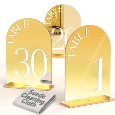 Imagem de Framokoko Números de mesa de casamento arqueados espelhados 1-10 com suportes, letra dupla face de 12,7 x 17,8 cm, placa de casamento acrílica, decoração de centro de mesa para festa de recepção de