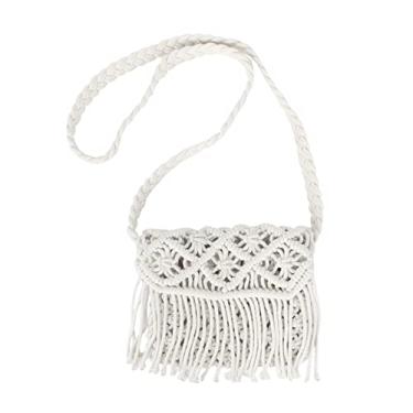 Imagem de Van Caro Bolsa de ombro feita à mão de palha de algodão com borlas de crochê para mulheres, 6850 Branco, One Size