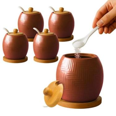 Imagem de Kit 4 Açucareiro Saleiro De Cerâmica Com Tampa De Bambu E Colher 250ml