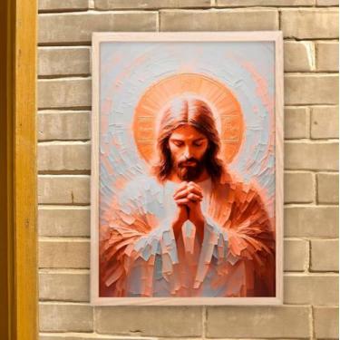 Imagem de Quadro Decorativo Cristão; Jesus Orando; Quadros bíblicos; Versículos Bíblicos; Quadro com Mensagem Motivacional; Motivação; Quadro para Sala de estar; (Moldura Bege, 40x30, Emoldurado)