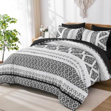 Imagem de Luxudecor Conjunto de edredom preto Queen Size 7 peças, edredom asteca boho com jogo de cama, estampa geométrica listrada em uma bolsa, conjunto de cama de microfibra macia 228,6 cm x 228,6 cm