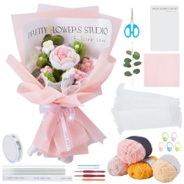 Imagem de BEUNITONE Kit de buquê de flores de crochê, kit de crochê e tricô para adultos com instruções passo a passo, série rosa, buquê de flores completo, presente para mãe, dia dos namorados, festivais de