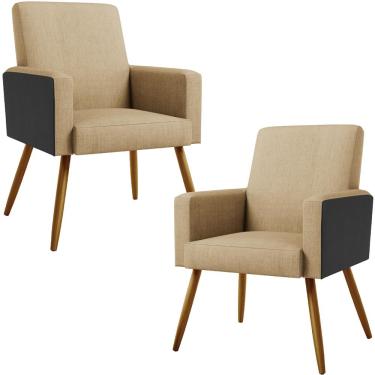 Imagem de Kit 02 Poltronas Decorativa Maria W01 Pés Palito Linho Bege Escuro Couríssimo Preto - Lyam Decor