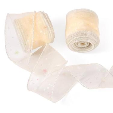 Imagem de Magibeads 2-1/20 pol. x 20 jardas fitas de malha decorativa de poliéster com padrão de estrela tecido de tule extravagante rolo fitas de tecido para buquê de flores, decoração de laço, saia bege