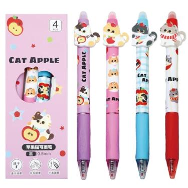 Imagem de MOZXIRZ 4 canetas apagáveis fofas canetas retráteis de desenho animado gato caneta de tinta gel 0,5 mm, tinta preta, caneta de escrita suave para mulheres, meninas, meninos, escritório, material