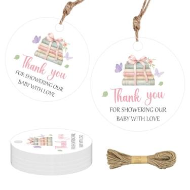 Imagem de 50 peças etiquetas de agradecimento para chá de bebê com barbante, um novo capítulo começa com laço rosa, etiquetas de presente para decoração de chá de bebê, artigos de lembrancinhas de festa da