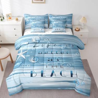 Imagem de jejeloiu Conjunto de cama Queen com estrela do mar, praia costeira, 7 peças, cama de madeira de fazenda azul em uma bolsa com edredom, lençóis, fronhas e capa de almofada, concha marinha havaiana de