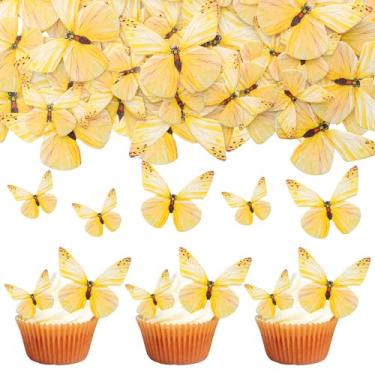 Imagem de Gyufise 72 peças de topos de cupcake comestíveis - palitos de cupcake de borboleta de papel wafer para chá de bebê e suprimentos de bolo de festa de aniversário infantil - amarelo