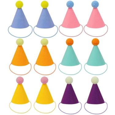 Imagem de Pacote com 12 mini chapéus de festa para animais de pelúcia, decorações de festa de aniversário para animais de estimação, cães, gatos, coelhos, design de cone colorido com pompons, inclui tiras