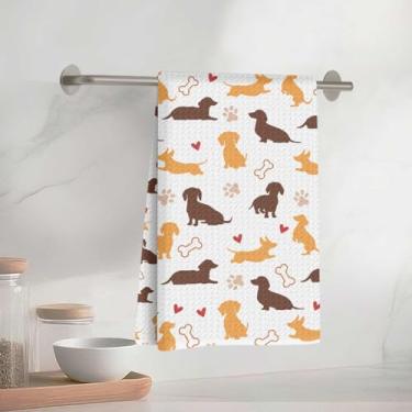 Imagem de Adoráveis toalhas de cozinha Dachshund 33 x 58 cm, toalha de prato decorativa de microfibra absorvente de patas, ossos e coração, toalhas de chá de waffle para cozinha, casa, banheiro, presentes para