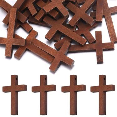 Imagem de Weyuley Conjunto de 50 peças de cruz pequena a granel para artesanato, pingentes de cruz de madeira para batismo cristão e rosário de Páscoa, acessório DIY para chaveiro e colar