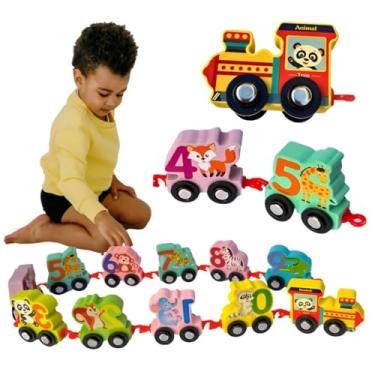 Imagem de Trem Trenzinho Educativo Montessori de Madeira, 11 Peças, Números e Animais, Brinquedo Didático para Crianças +3 Anos