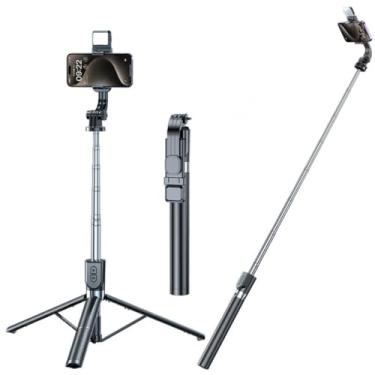 Imagem de Tripé e Bastão de Selfie 2 em 1 com Controle Remoto Bluetooth – Extensível até 1,70m, Aço Inoxidável, Rotação 360°, Tripé Dobrável, Ideal para Celulares, Viagens e Vlogs – Preto