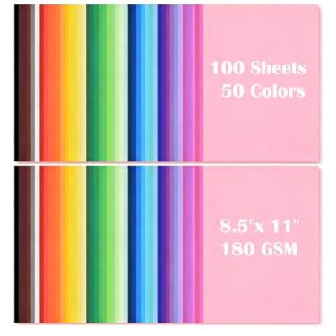 Imagem de 100 folhas de cartolina colorida, cartolina colorida de 21,6 x 28 cm, 50 cores sortidas, papel para impressão, confecção de cartões, artesanato faça você mesmo, decorações de festa (180 g/m²)