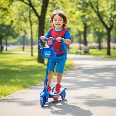 Imagem de Patinete Infantil Azul com Cesta, Luzes LED e Som, Estrutura Metálica, Suporta 35kg, Spiderman, Homem Aranha, Spider