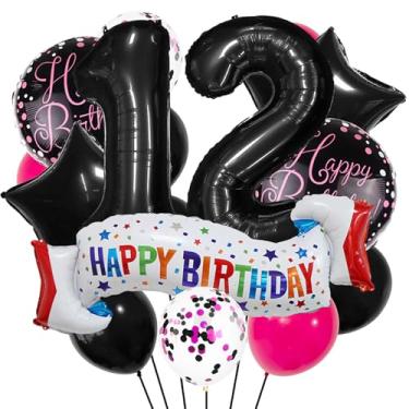 Imagem de Conjunto de decoração de aniversário de 12 anos, balão de coração preto, balão colorido de feliz aniversário de 12 anos para meninas, meninos, crianças, adultos, artigos de festa, meninos, preto