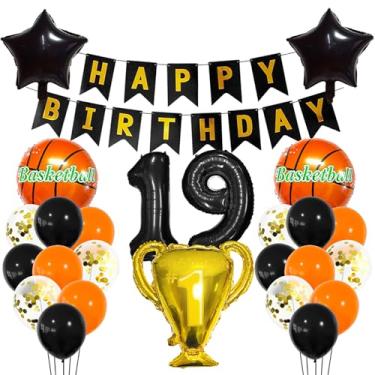 Imagem de Balão esportivo preto de 19 anos, decoração esportiva de 19 anos, 19 anos, troféu de basquete, 19 balões, tema esportivo de basquete dourado, decoração de festa para crianças, meninos, decoração de