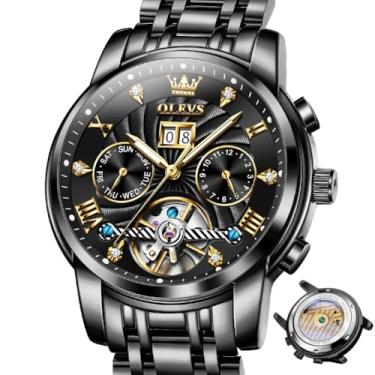 Imagem de OLEVS Relógios masculinos analógicos automáticos mecânicos masculinos luxuosos à prova d'água diamante relógio masculino casual de aço inoxidável turbilhão mostrador grande dia data relógio clássico