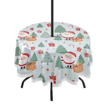 Imagem de Qilmy Toalha de mesa redonda de Natal Papai Noel 152 cm à prova d'água com orifício para guarda-chuva e zíper – uso externo / interno resistente para pátio, churrascos, piqueniques, festas (serve para