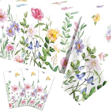 Imagem de Toalha de mesa de plástico floral de mola de 3 peças de 137 x 272 cm – Capa de mesa retangular colorida descartável com design de borboleta e flor para jantar, festas no jardim, chás de bebê e
