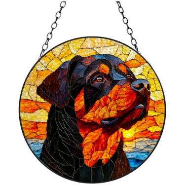 Imagem de Retrato de rottweiler de vitral e pôr do sol feito à mão para pendurar janela de vidro colorido kits de artesanato para decoração de Natal de jardim interno 20 x 20 cm-1